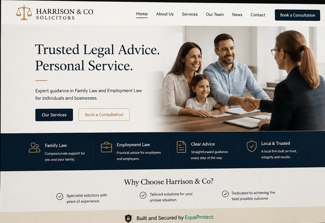 Screenshot of the Harrison & Co Solicitors website — a legal advice website for a solicitors' firm built by EquaProtect