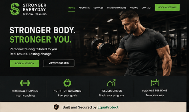 Screenshot of the Stronger Everyday website — a personal training website built by EquaProtect