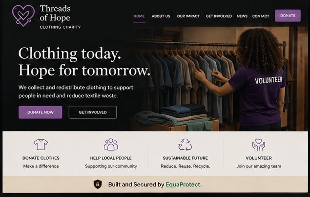 Screenshot of the Threads of Hope website — a clothing charity website built by EquaProtect